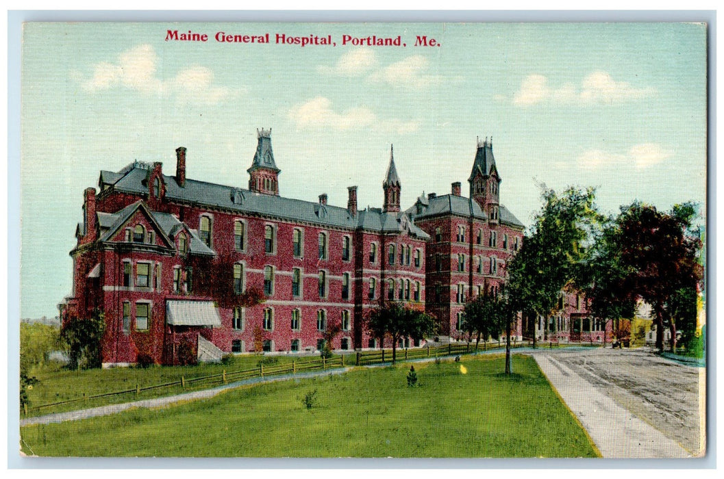 c1950 Maine General Hospital Building Dirt Road Trees View Portland ME Postcard
