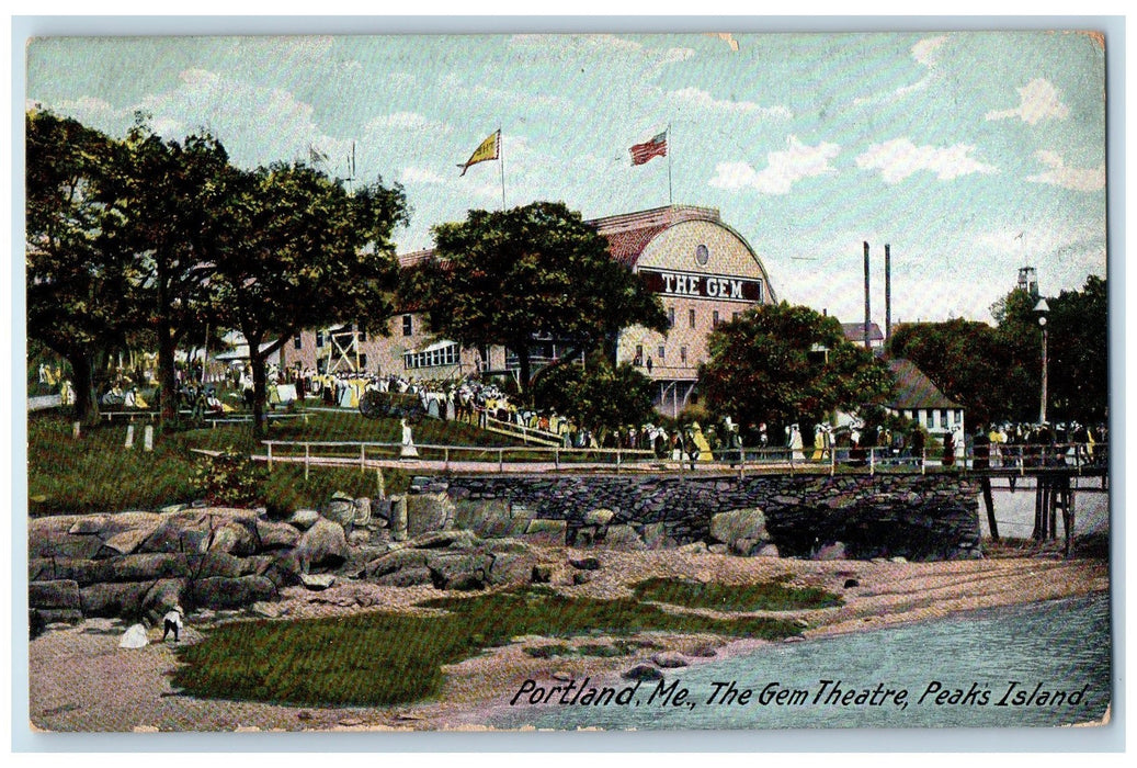 1909 The Gem Theater Peak's Island Tourists Crowd Building Portland ME Postcard