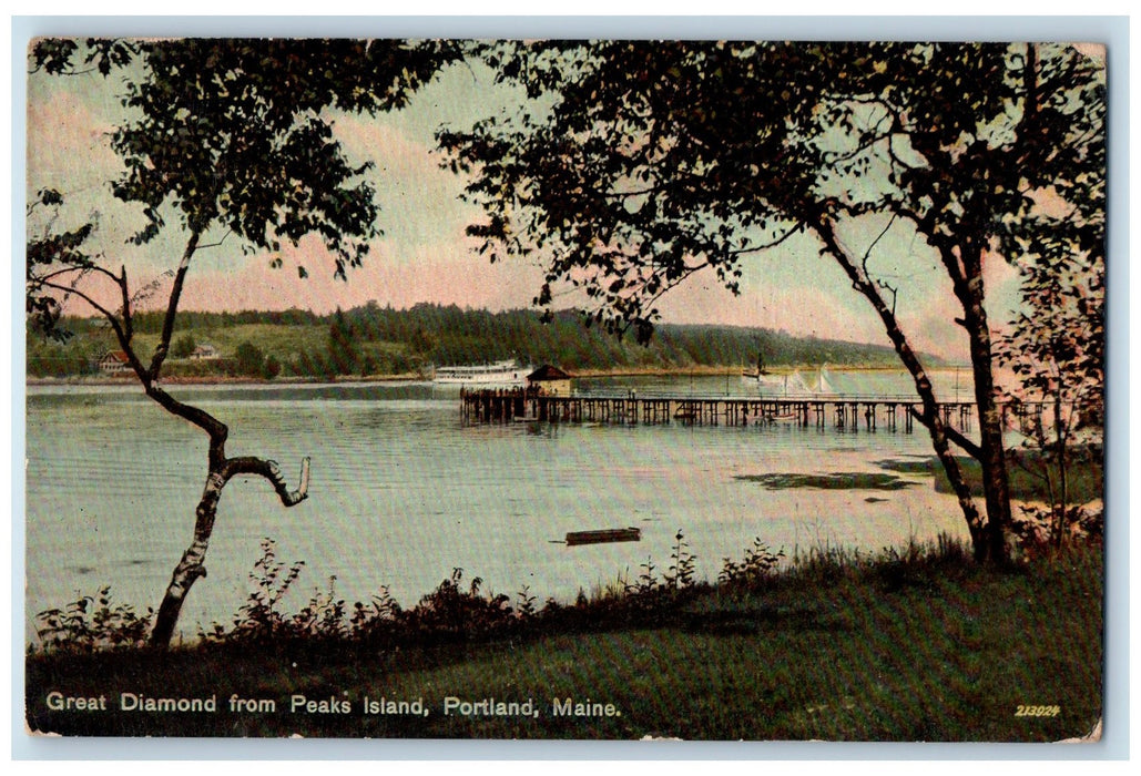 c1910 Great Diamond Peaks Island Rustic Bridge Boats Lake Portland ME Postcard