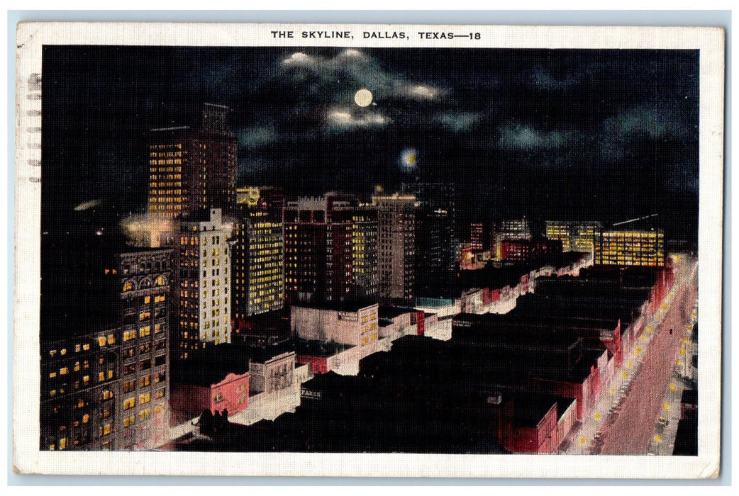 1947 The Skyline Buildings Moon Scene Dallas Texas TX Posted Vintage Postcard