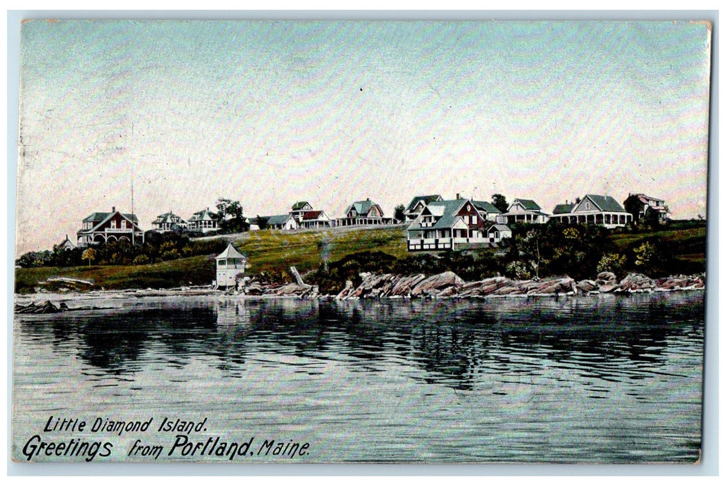 1909 GREETINGS FROM PORTLAND Houses Rock Little Diamond Island Maine ME Postcard