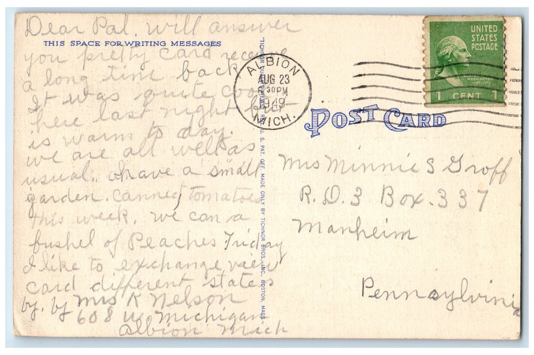 1949 Greetings From Albion Path Walk Flowers Trees Michigan MI Posted Postcard