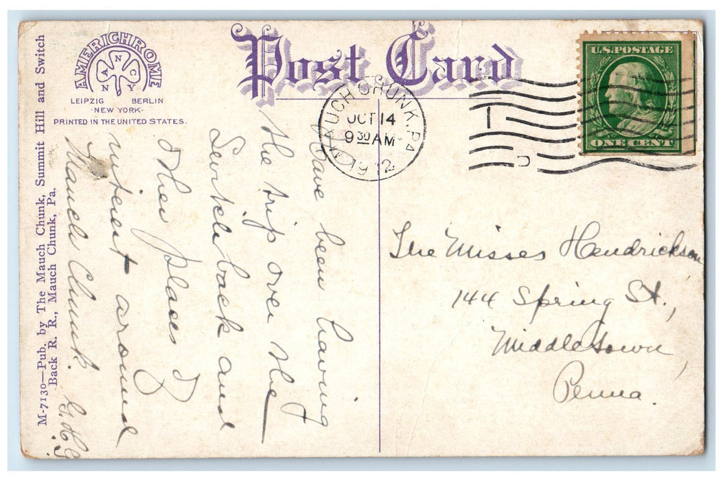 1912 The Mauch Chunk Summit Hill & Switch Back Railroad Mauch Chunk PA Postcard