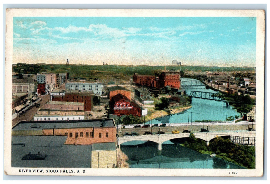 1928 River View Bridges Scene Sioux Falls South Dakota SD Posted Cars Postcard