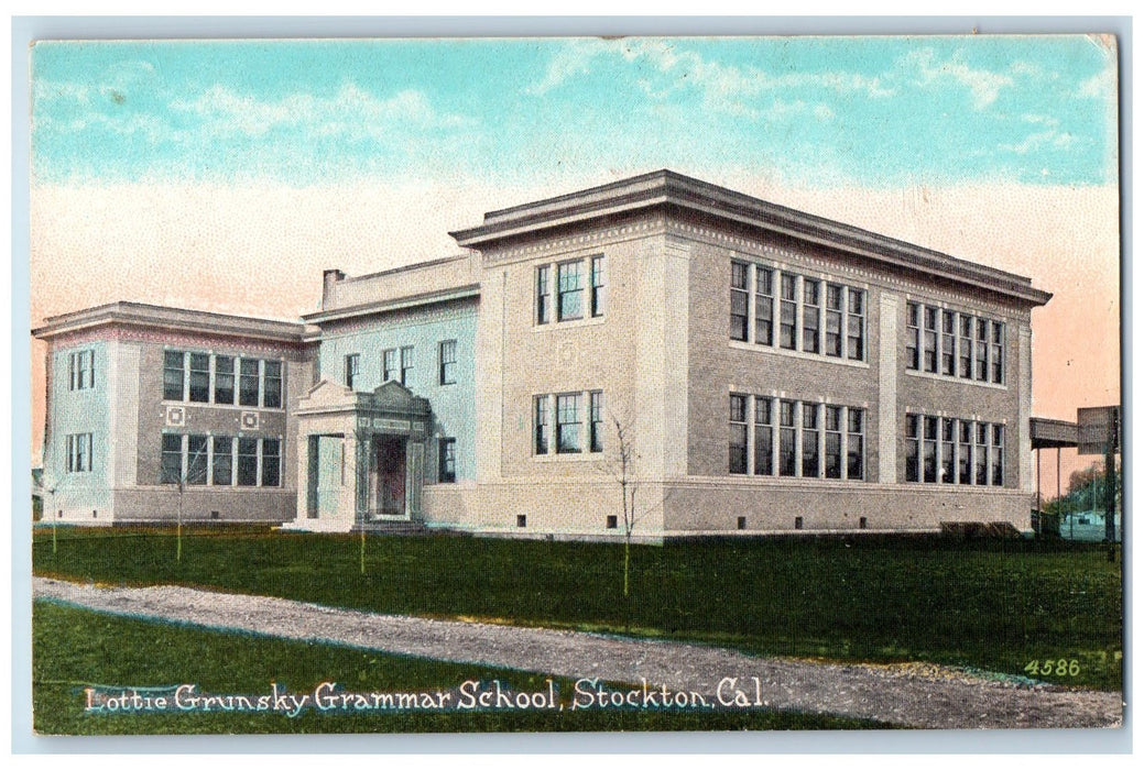 c1950's Lottie Grunsky Grammar School Campus Building View Stockton CA Postcard