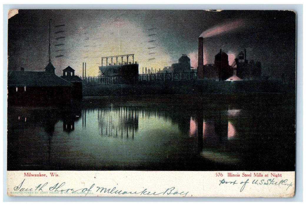 1908 Illinois Steel Mills At Night Scene Milwaukee Wisconsin WI Posted Postcard