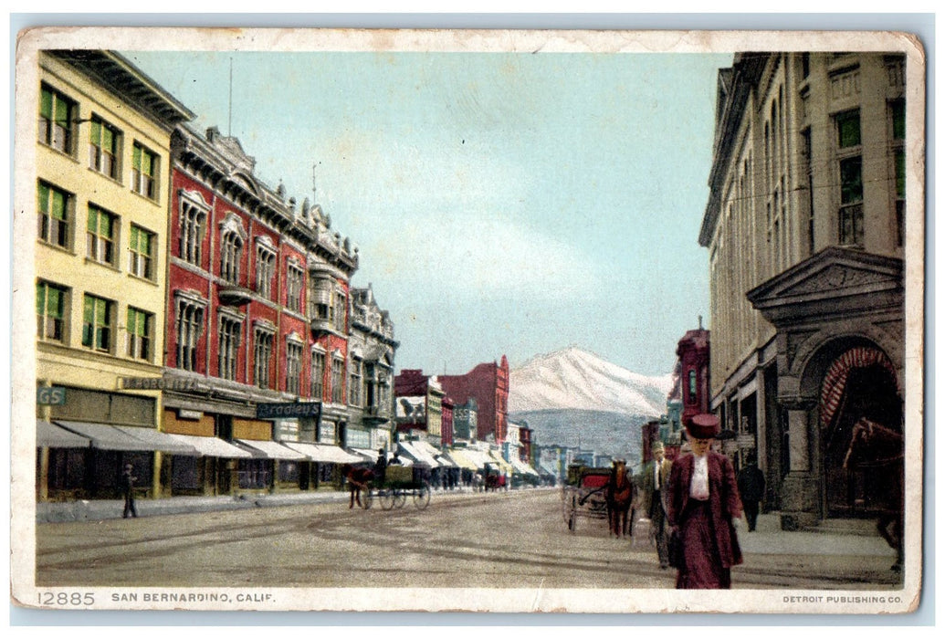 c1920's San Bernardino Dirt Road Establishments Snowcapped Mountain CA Postcard