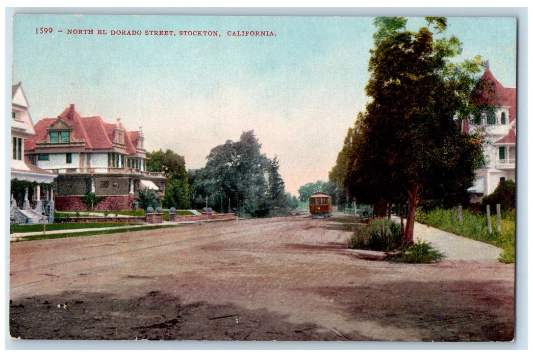 c1950's North El Dorado Street Dirt Road Trolley Houses Stockton CA Postcard