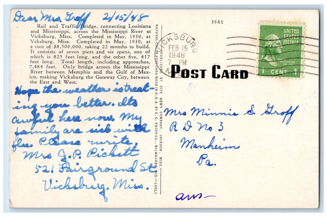 1948 Mississippi River Bridge Scene Vicksburg Mississippi MS Posted Postcard