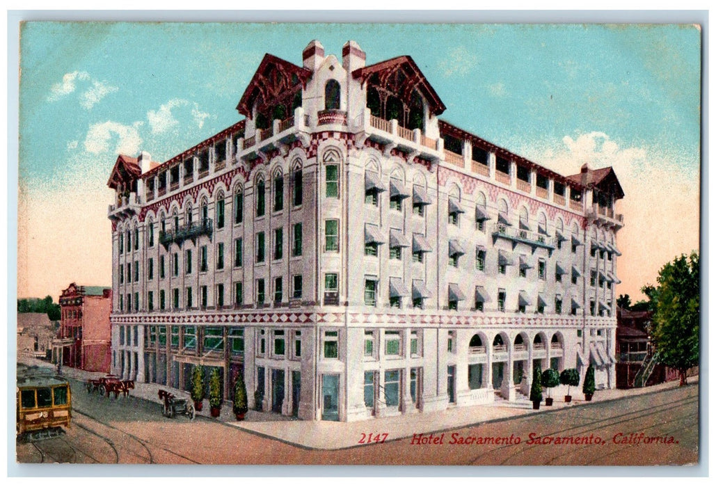 c1950 Hotel Sacramento Building Entry Restaurant Railway Sacramento CA Postcard