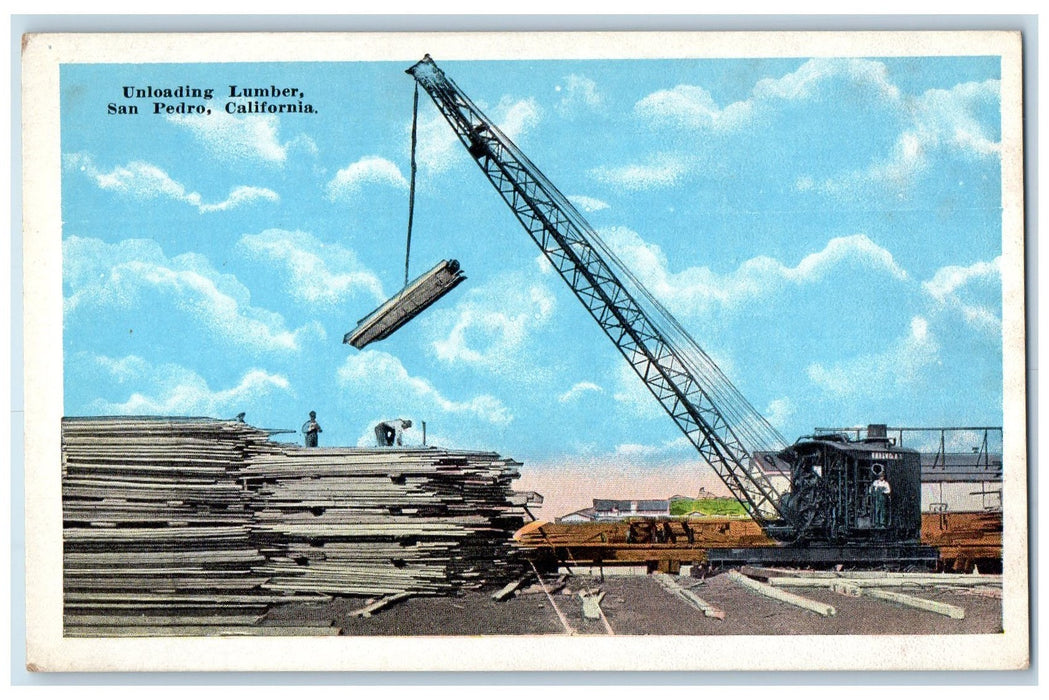 c1920's Unloading Lumber Timber Crane Workers San Pedro California CA Postcard
