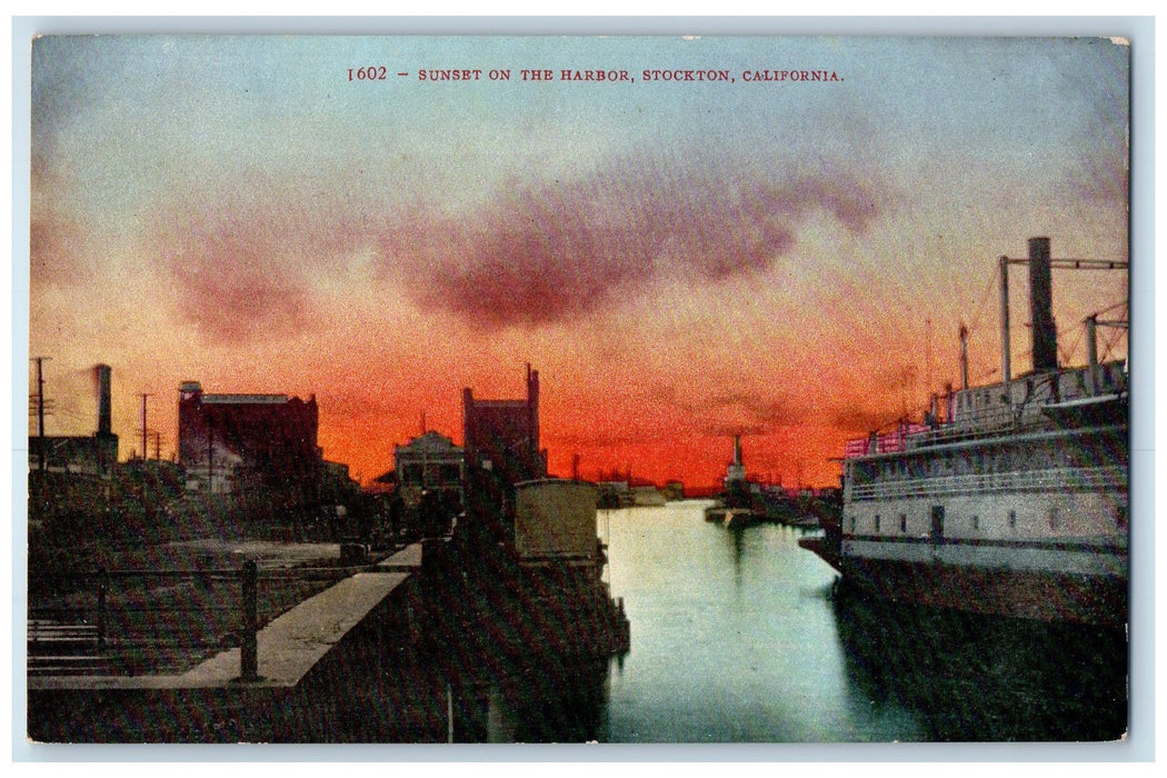 c1950's Sunset On Harbor Passenger Boat Ferry Stockton California CA Postcard