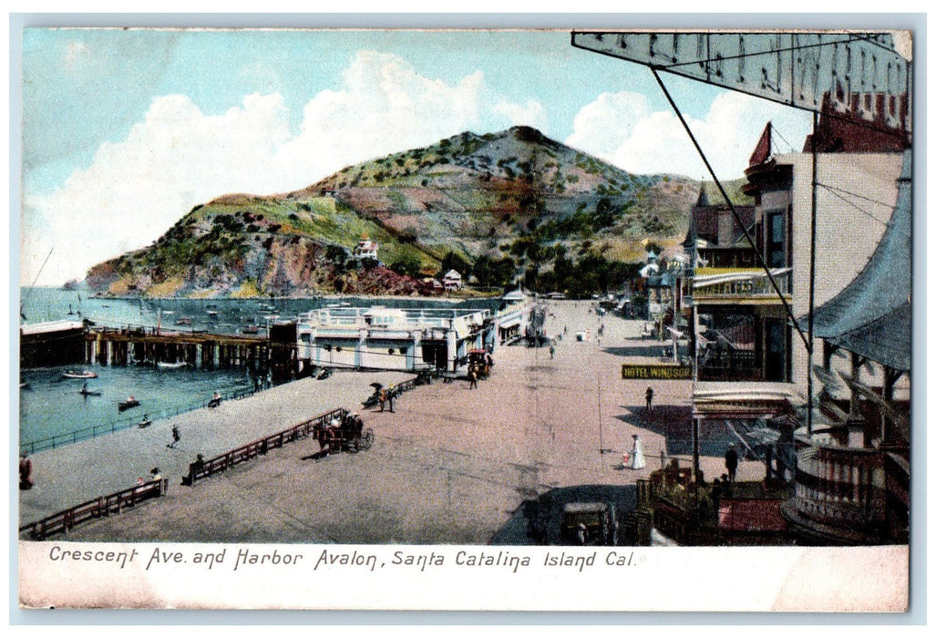 c1920's Crescent Avenue Harbor Avalon Boats Santa Catalina Island CA Postcard