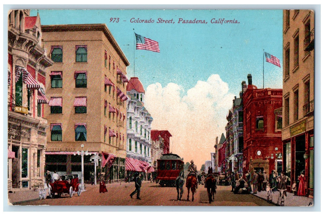 c1910 Colorado Street Establishments Man With Horse Crowd Pasadena CA Postcard