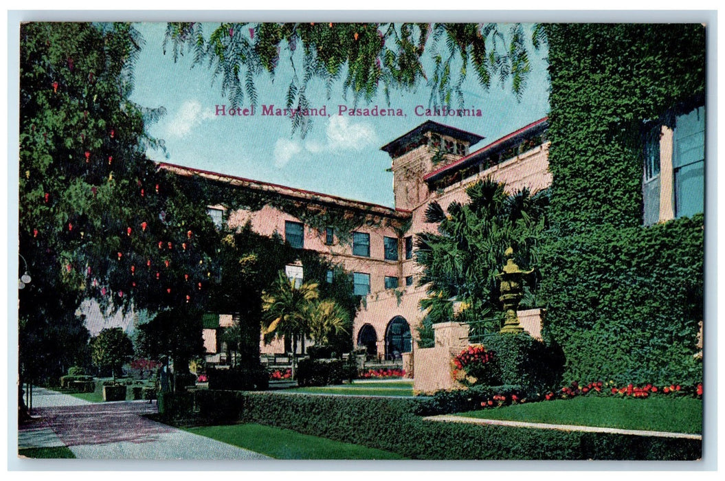c1950's Hotel Maryland Building Restaurant Lawn Landscaping Pasadena CA Postcard