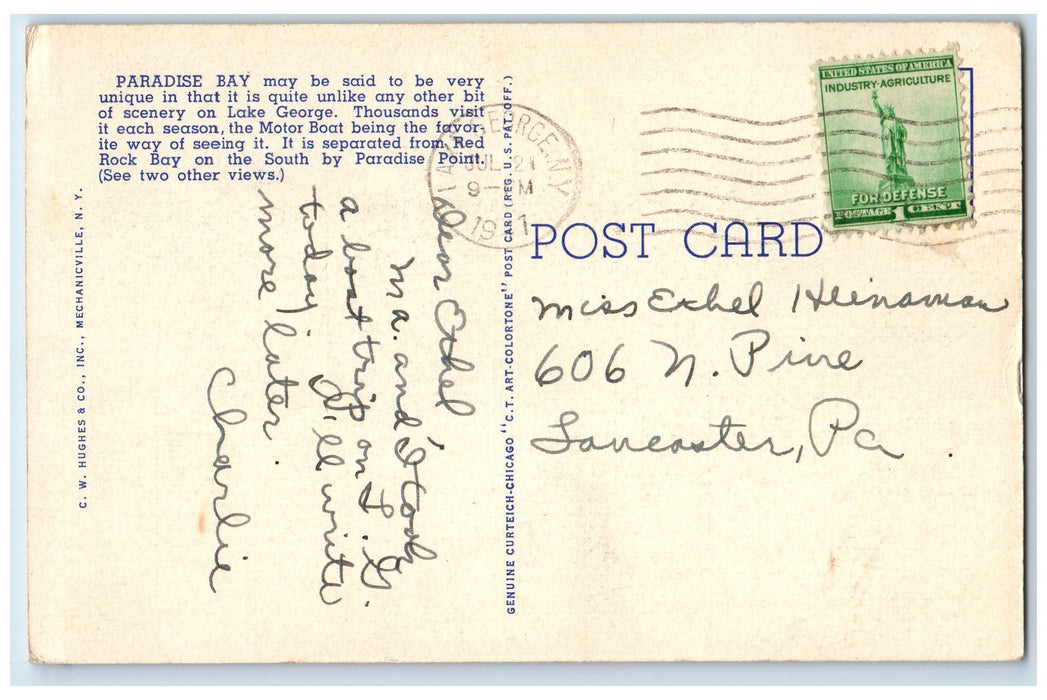 1941 Paradise Bay And Black Mountain Lake George New York NY Posted Postcard