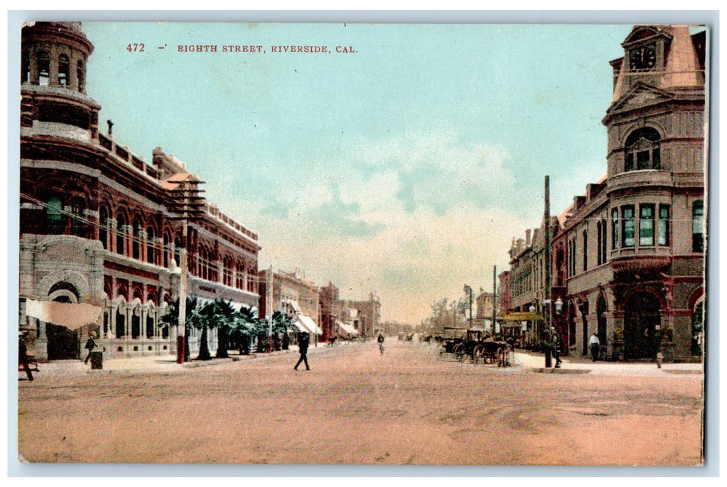 c1950's Eight Street Dirt Road Buildings Clock Tower View Riverside CA Postcard