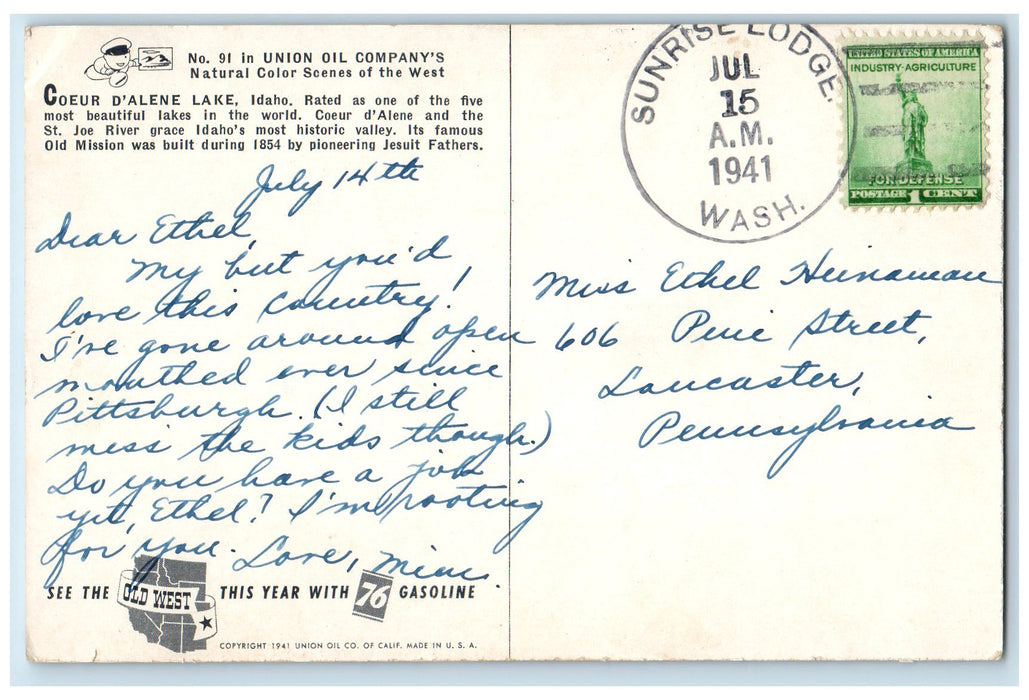 1941 Coeur D'alene Scene Lake Idaho Florida FL Posted Union Oil Co. Ad Postcard