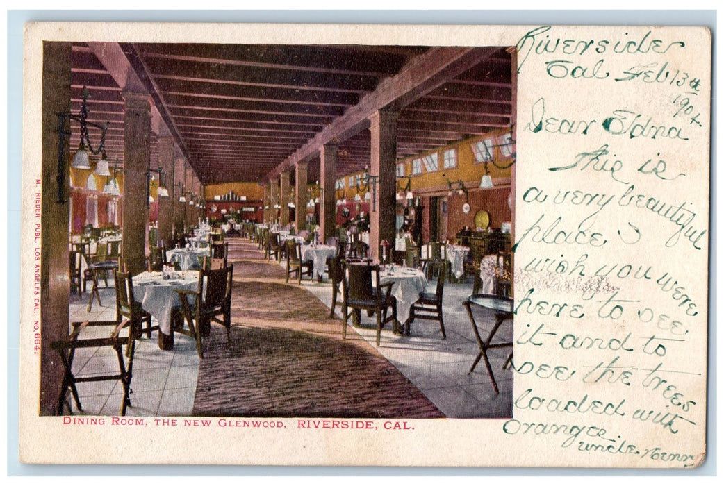 1904 Dining Room The New Glenwood Restaurant Set Up View Riverside CA Postcard