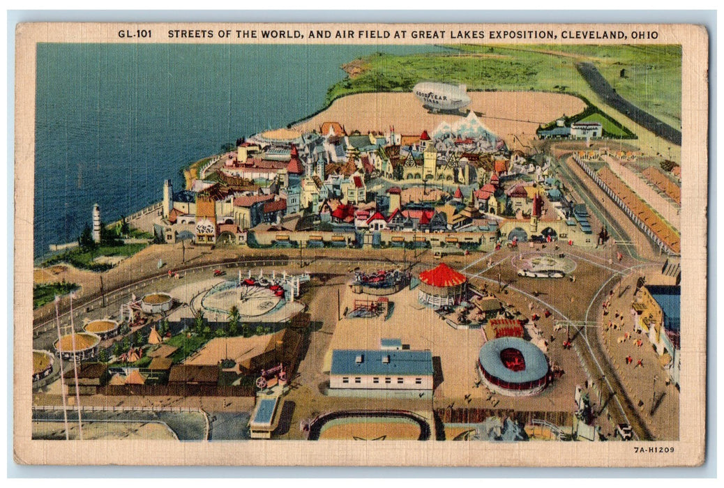 1937 Streets Of World & Air Field At Great Lake Exposition Cleveland OH Postcard