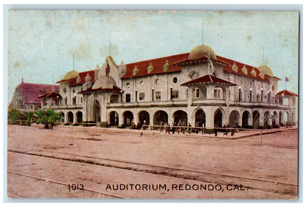 c1950's Auditorium Building Facade People Entrance Dirt Road Redondo CA Postcard