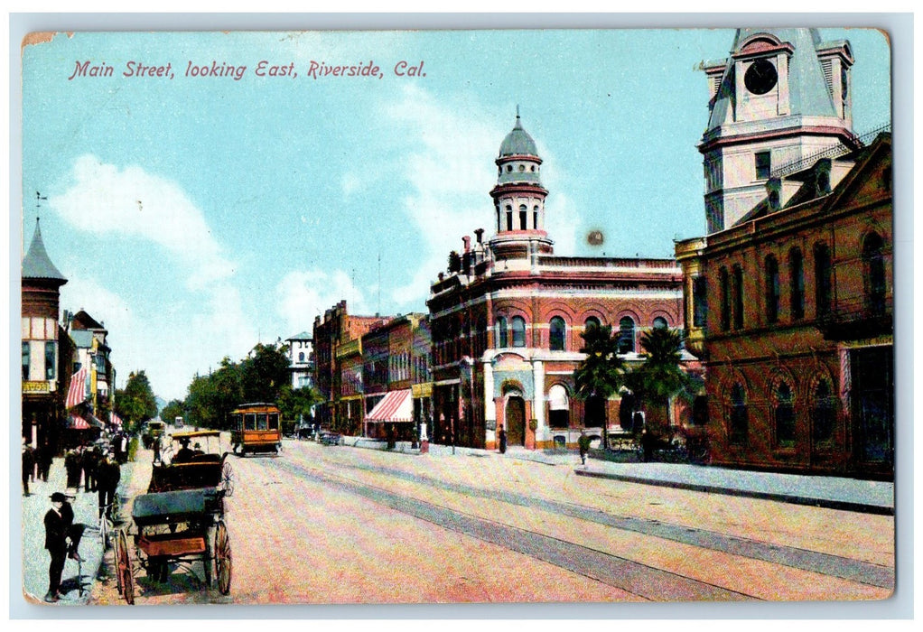 c1950 Main Street Looking East Buildings Towers Carriages Riverside CA Postcard