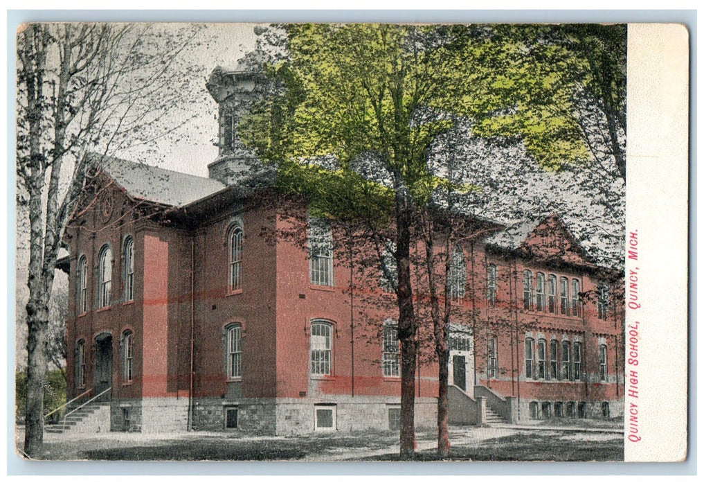 c1940s Quincy High School Exterior Roadside Quincy Michigan MI Unposted Postcard