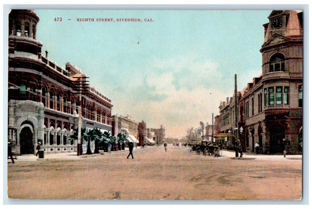 c1950 Eight Street Building Clock Tower Carriage Dirt Road Riverside CA Postcard