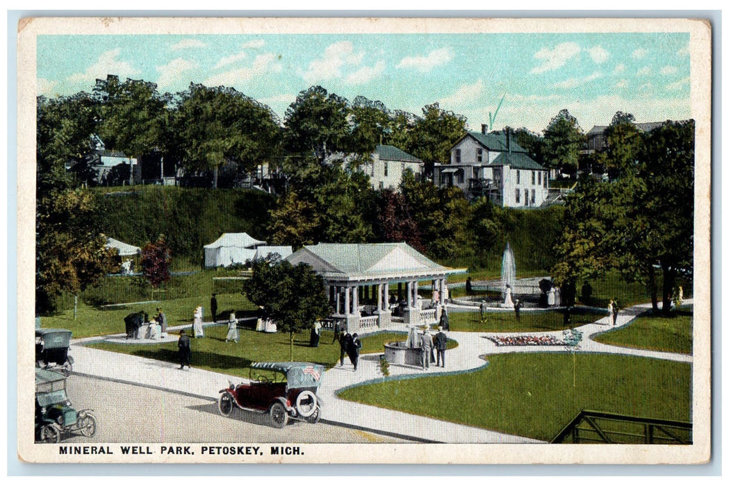 c1920s Mineral Well Park Petoskey Michigan MI Unposted Vintage Cars Postcard