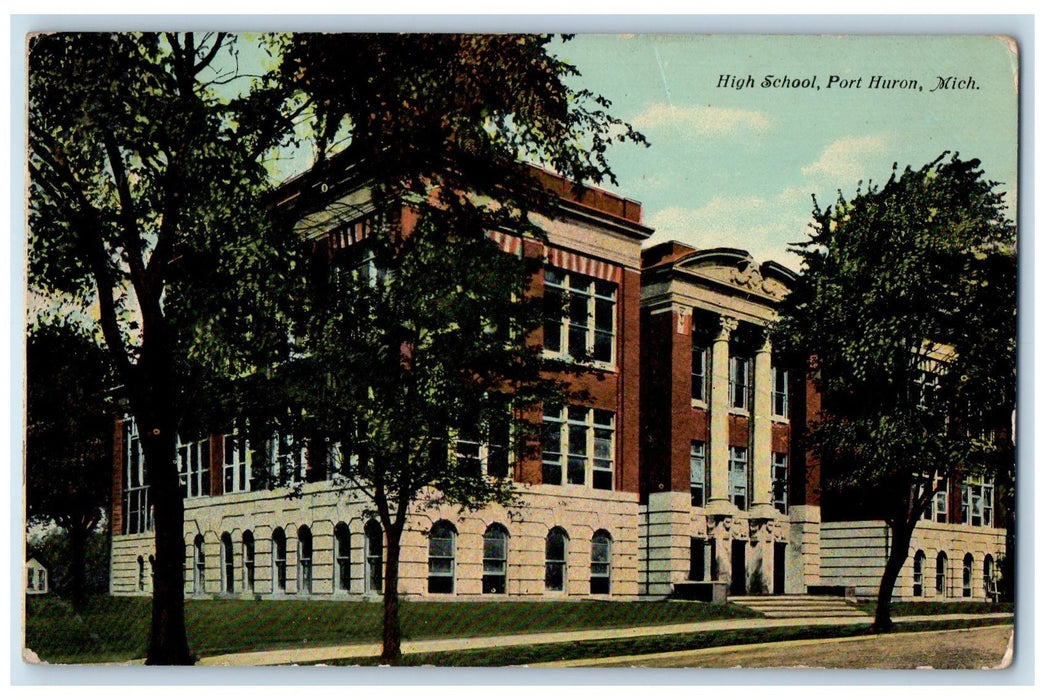 1911 High School Exterior Scene Roadside Port Huron Michigan MI Posted Postcard