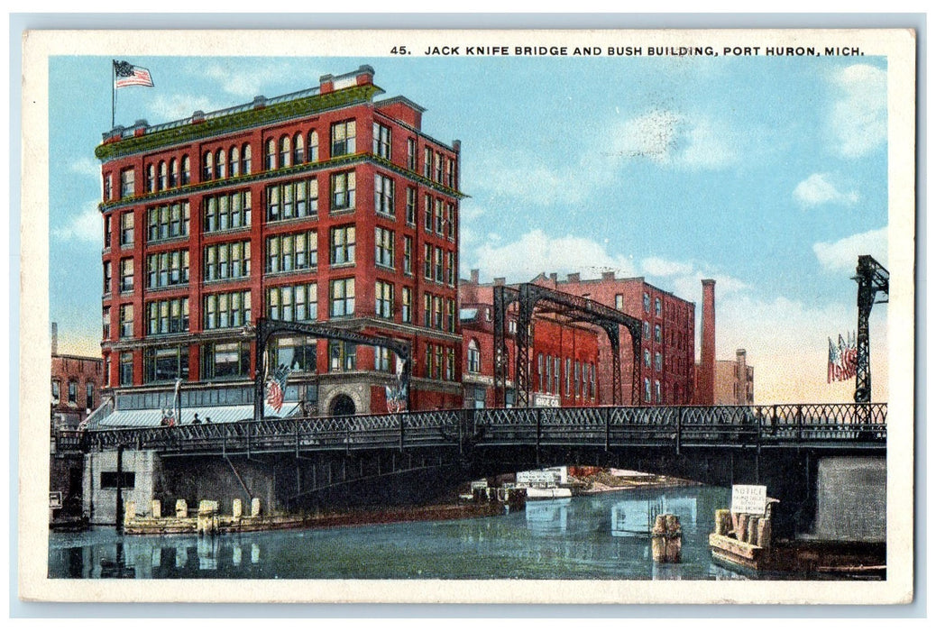 1920 Jack Knife Bridge And Bush Building Port Huron Michigan MI Posted Postcard