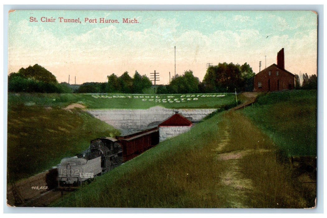c1920s St. Clair Tunnel Train Locomotor Port Huron Michigan MI Unposted Postcard