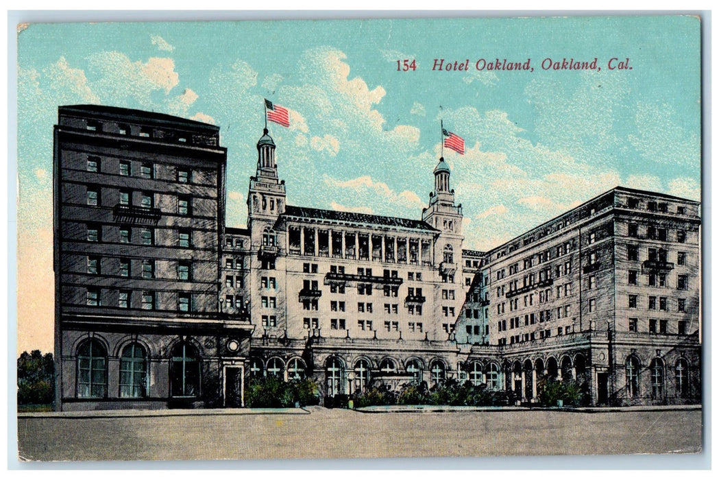 1911 Hotel Oakland Building Restaurant Entrance Flag Tower Oakland CA Postcard