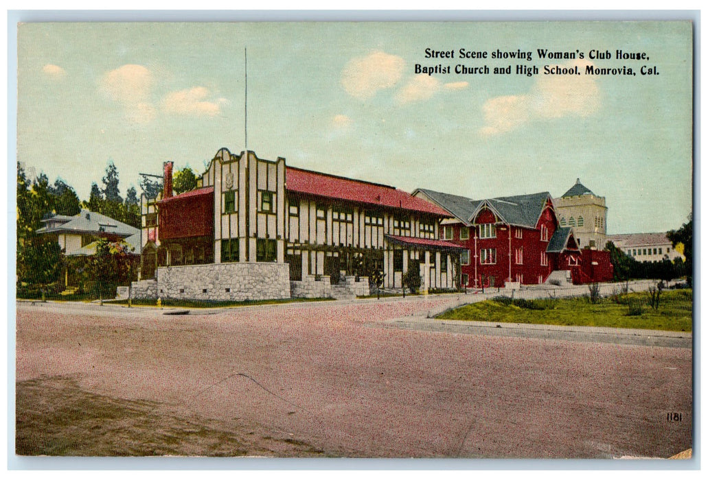 c1950 Womans Club House Baptist Church High School Building Monrovia CA Postcard