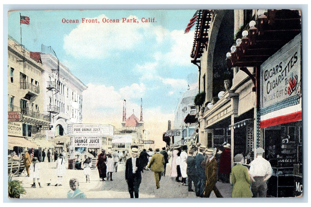 c1950 Ocean Front Crowd Stores Buildings Flag Ocean Park California CA Postcard