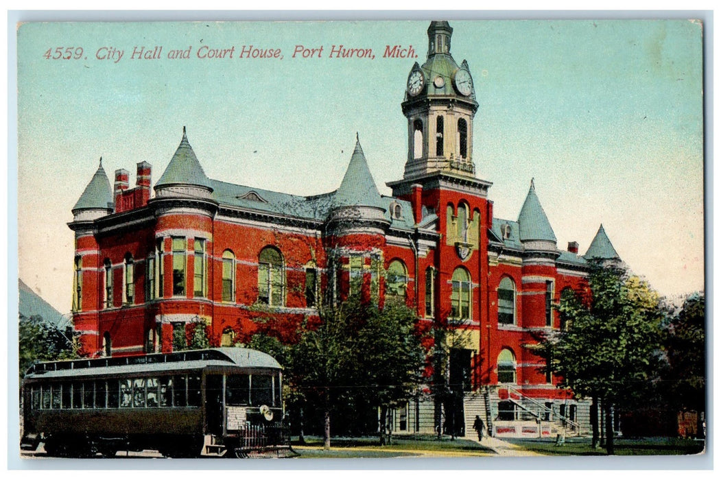 c1920s City Hall And Court House Exterior Port Huron Michigan MI Bus Postcard