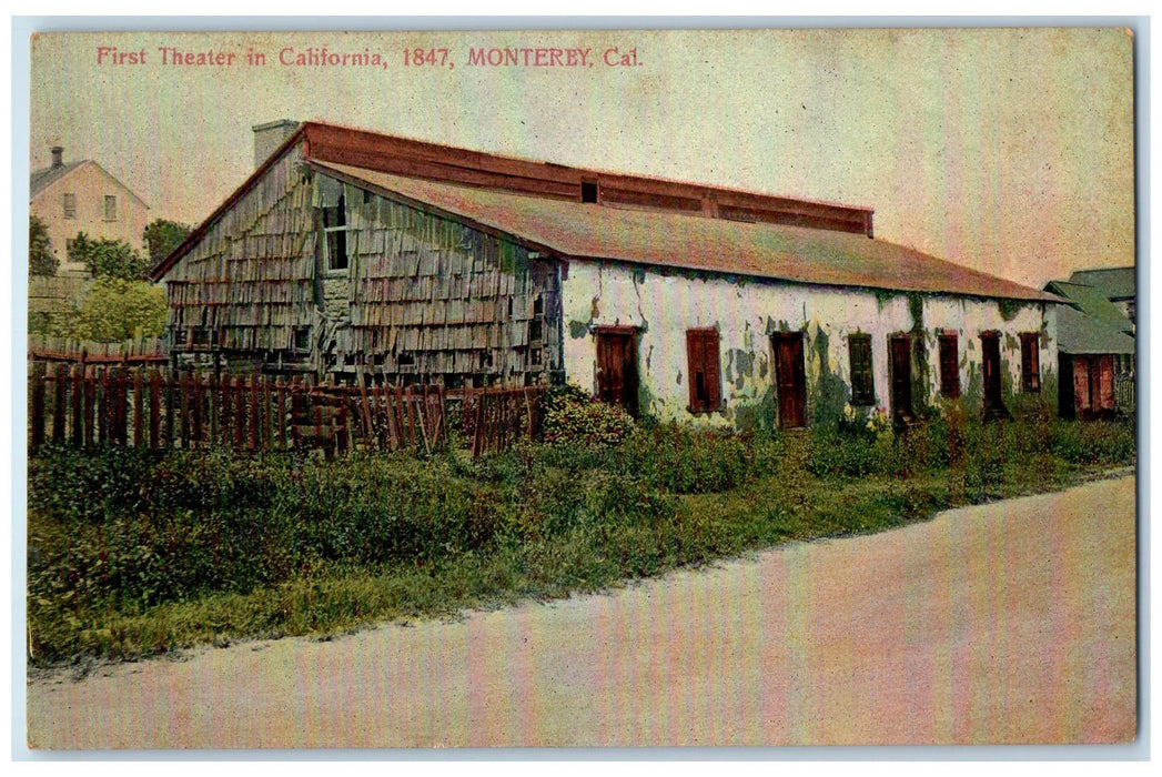 c1950's First Theater In California 1847 Bushes Dirt Road Monterey CA Postcard