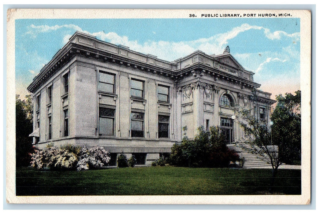 1920 Public Library Exterior Roadside Port Huron Michigan MI Posted Postcard