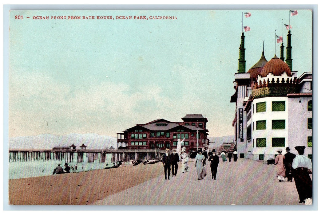 c1950's Ocean Front From Bath House Rustic Bridge Tourist Ocean Park CA Postcard