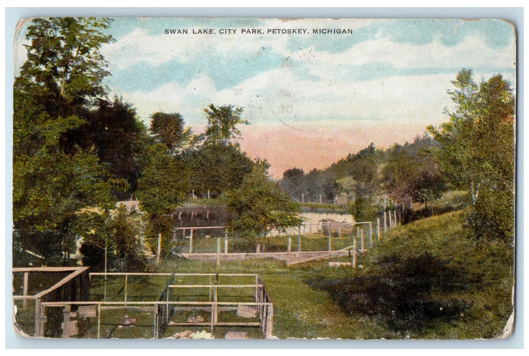 1909 Swan Lake City Park Scene Petoskey Michigan MI Posted Vintage Postcard
