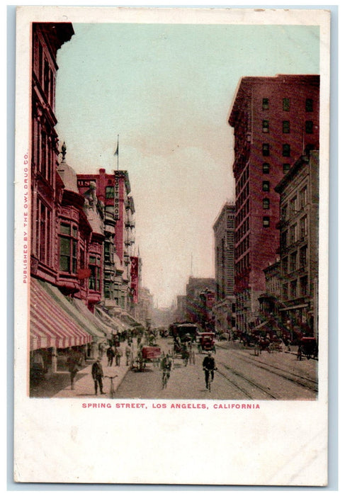 c1905 Spring Street Buildings Bicycles Horse Carriage Los Angeles CA Postcard