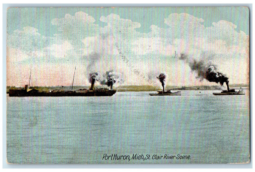 1907 St. Clair River Scene Steamships Port Huron Michigan MI Posted Postcard