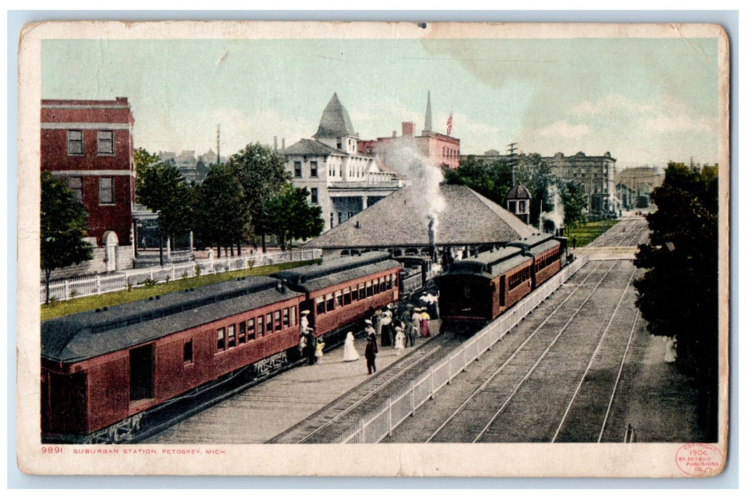 1909 Suburban Station Train Railway Scene Petoskey Michigan MI Posted Postcard