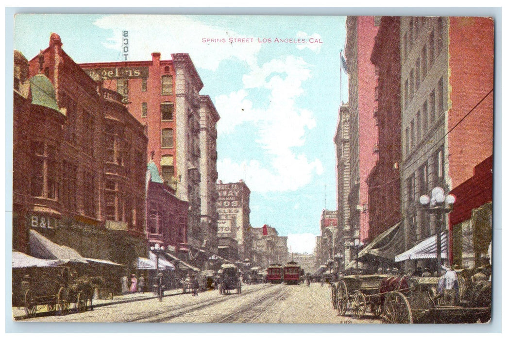 c1950's Spring Street Horse Carriages Dirt Road Trolley Los Angeles CA Postcard