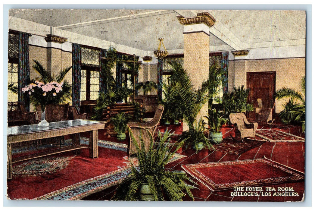 1917 The Foyer Tea Room Restaurant Interior Bullock's California CA Postcard
