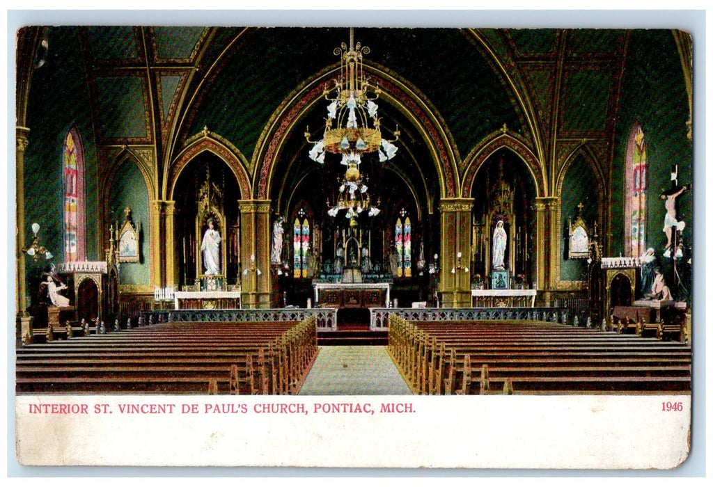 c1920s Interior St. Vincent De Paul's Church Scene Pontiac Michigan MI Postcard