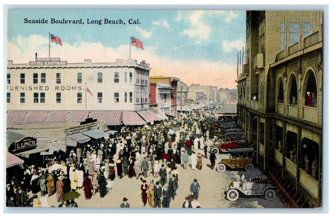 c1910's Seaside Boulevard Hotels Stores Restaurant Crowd Long Beach CA Postcard