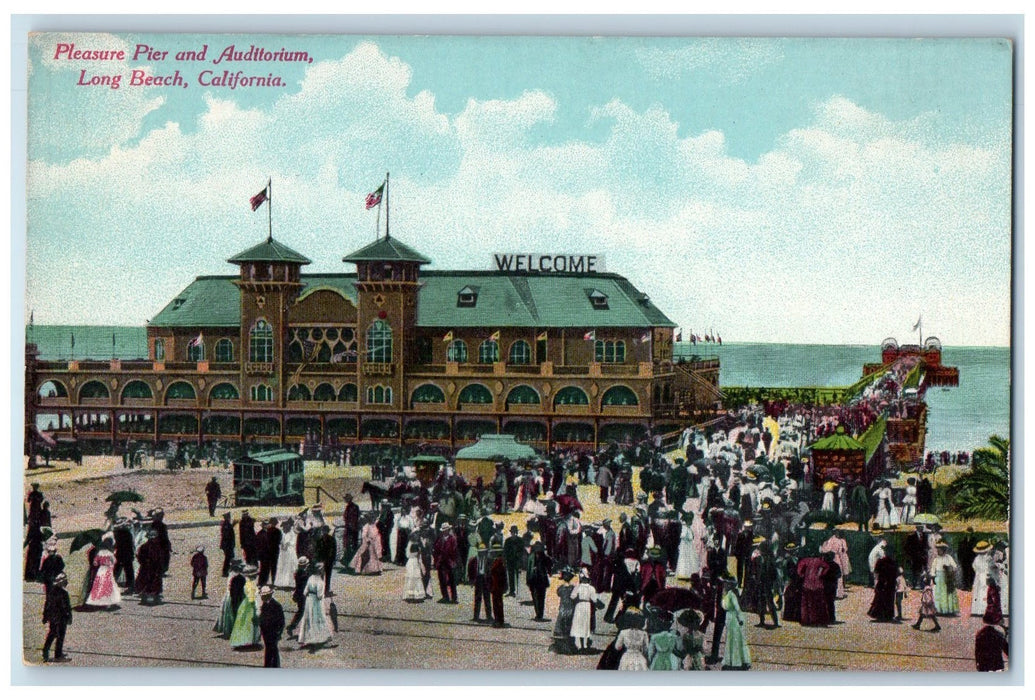 1919 Ocean Avenue Railway Building Classic Cars Dirt Road Long Beach CA Postcard