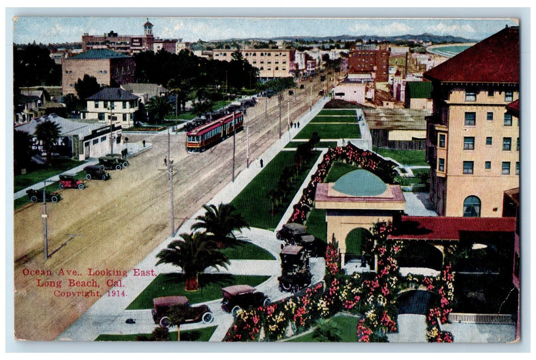 c1910 Ocean Ave. Railway Building Classic Cars Dirt Road Long Beach CA Postcard