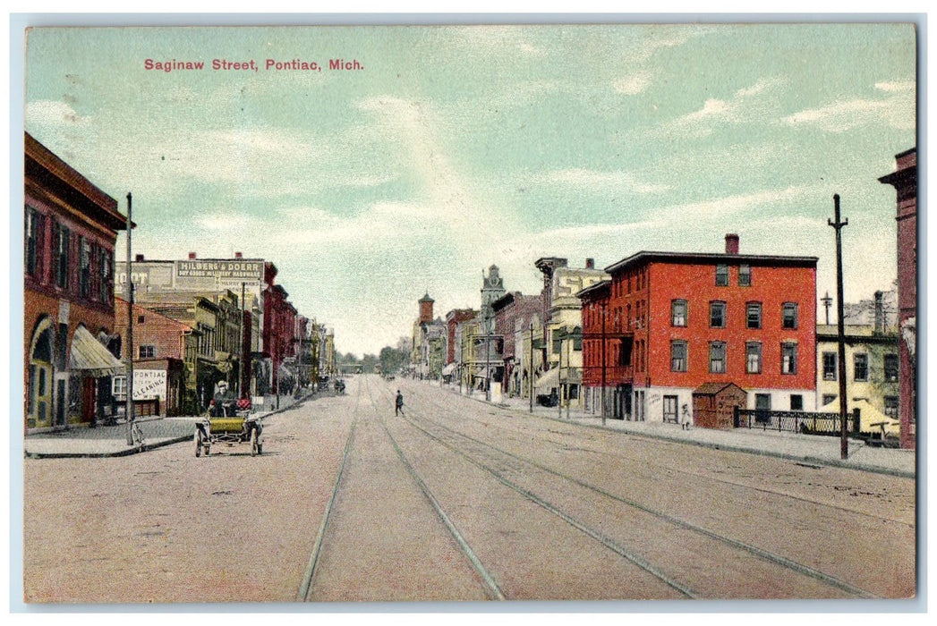 1909 Saginaw Street Motorwagen Scene Pontiac Michigan MI Posted Shops Postcard
